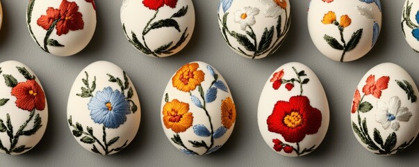 Colorfully decorated eggs featuring intricate floral designs, arranged neatly in a row, showcasing artistic craftsmanship and festive spirit.