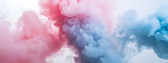 Fototapeta premium Colorful smoke clouds, pink and blue colors, white background 