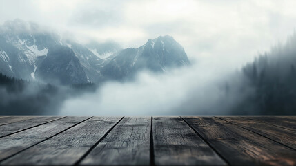 Misty Mountain Landscape with Wooden Deck