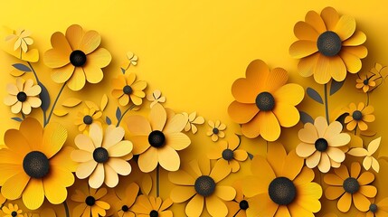 Abstract Modern 3D Layered Paper Cut Floral Flowers on Vibrant Yellow Background
