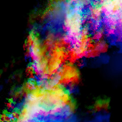 Vibrant cosmic cloud of neon colors swirls against a dark backdrop, resembling a nebula. The luminous gradient creates a surreal and psychedelic space effect