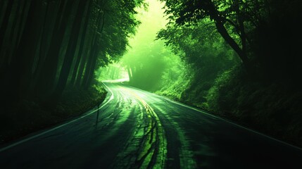 Obraz premium Winding road through misty forest tunnel, sunlight, mysterious atmosphere