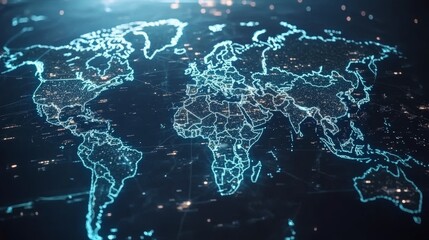 Naklejka premium A futuristic visualization of a global network with bright data points and interconnected lines spanning a dark world map