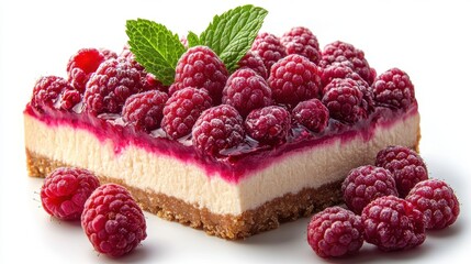 piece of cheesecake with raspberries and mint isolated,cartoon