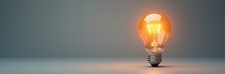 Innovative lightbulb ascends, soft gray backdrop, glow, rising