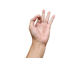 Human hand making symbolic gesture with three fingers spread, meditation hand gesture, isolated on white background, transparent PNG, cut out