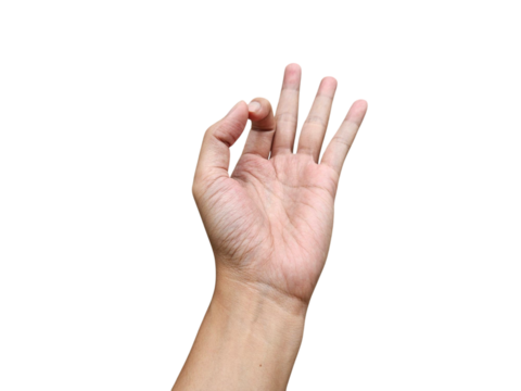 Human hand making symbolic gesture with three fingers spread, meditation hand gesture, isolated on white background, transparent PNG, cut out