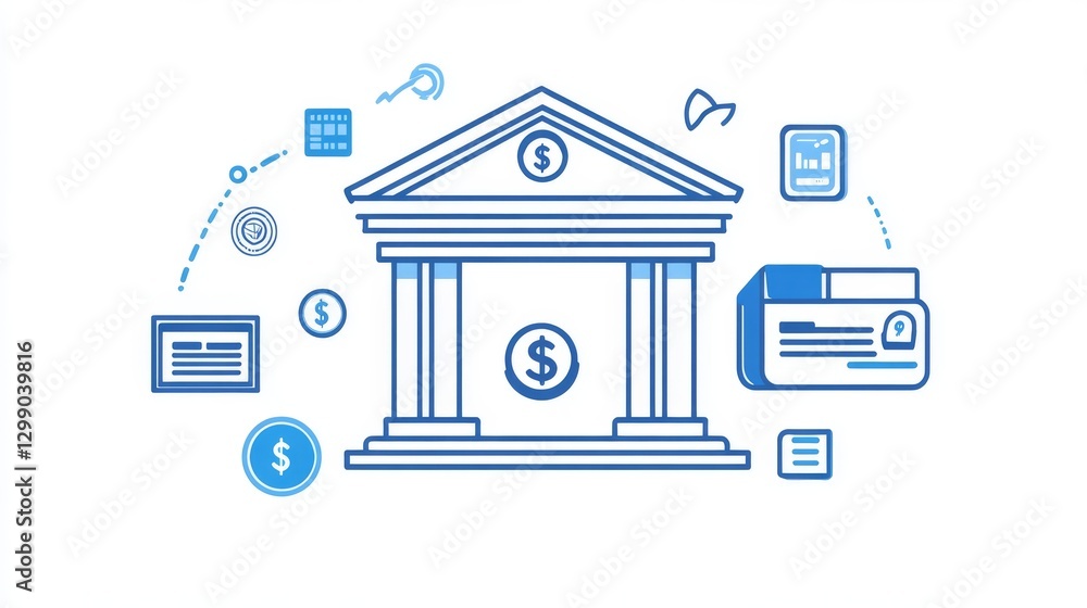 Aufkleber blue icon shows banking functions like transactions and automated banking. it's a thin line illustra