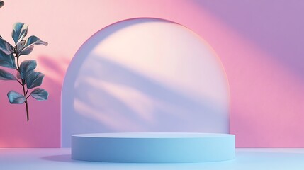 a round white podium with a pink and blue light