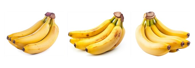 Three bunches of ripe yellow bananas isolated on white background showing different arrangements