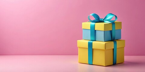 Pastel Presents A Delightful Duo of Gift Boxes with Vibrant Ribbons on Pink Background