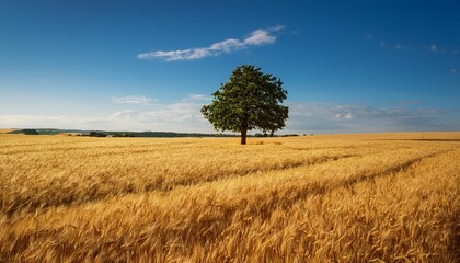 Obraz premium A lone tree standing tall in the middle of a golden wheat field.