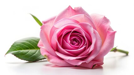Fototapeta premium A single delicate pink rose blossom, elegantly presented with vibrant green leaves, rests gently on a pristine white background, showcasing its soft petals and subtle color variations.