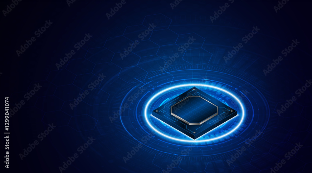 Fototapete Microchip processor circuit board technology on dark blue background. Information Processing Concept. Circuit board hi-tech technology background. vector illustration	