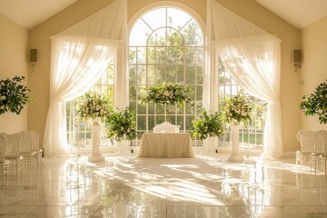 Elegant Wedding Venue with Large Windows and Green Decorations