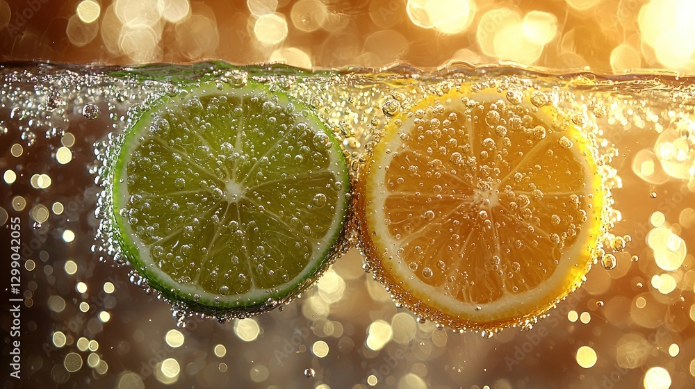 Poster lemon and lime slices in sparkling water with golden bokeh background