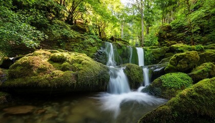 Fototapeta premium A serene waterfall cascading down moss-covered rocks in a lush green forest. 