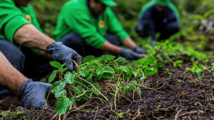 Fototapeta premium Dedicated individuals nurture plants in a vibrant ecosystem, fostering growth and promoting environmental sustainability