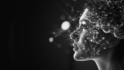 A side view of a woman's head featuring intricate line patterns symbolizes brain functions. Copy space. Thinking patterns and brainstorming concepts.