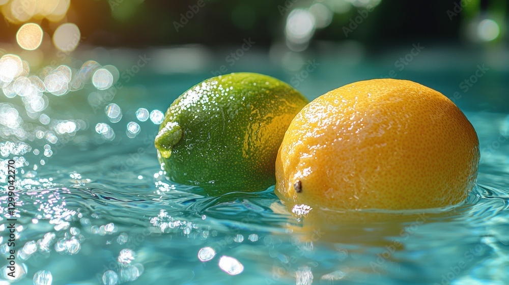 Poster lime and lemon floating in water with sparkling light reflections
