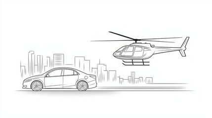 Urban Transportation Concept: Modern Car and Helicopter in City Skyline Illustration