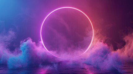 Obraz premium A bright neon circle glowing in shades of pink and blue, surrounded by swirling multicolored smoke on a dark background.