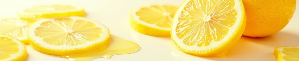 Close-up of honey and lemon slices on white background, remedy, ingredients