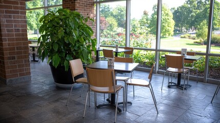 Fototapeta premium Empty wooden tables and chairs sit in a sunlit cafe dining area next to large windows overlooking a green park.