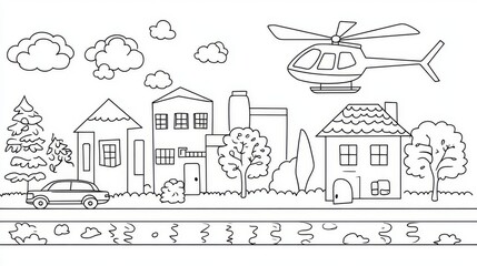Naklejka premium An illustration of a helicopter flying over an urban street, depicted from above, serves as a transportation-themed coloring page