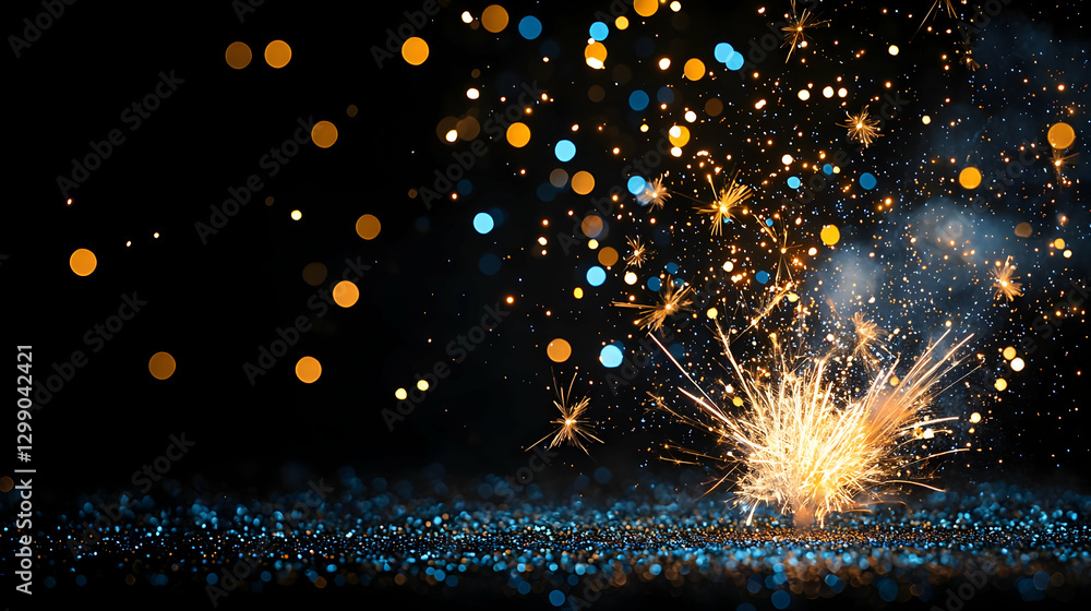 Poster abstract explosion of golden and blue sparks against a dark background with bokeh effect