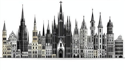 Fototapeta premium A cathedral architecture sketch with a city skyline, trees, and a calm background as a design component