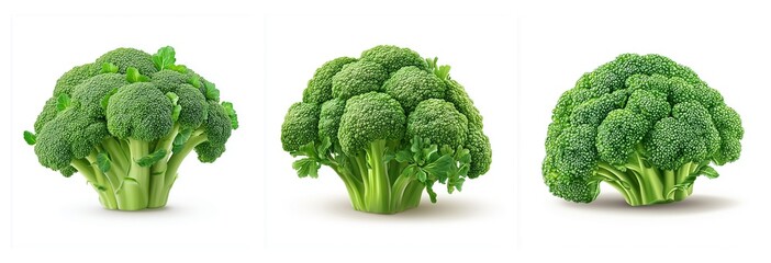 Three Fresh Green Broccoli Florets Isolated on White Background Healthy Vegetable Food