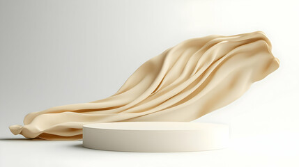 Cream Colored Fabric Flowing Over White Circular Podium Display In Neutral Studio Setting