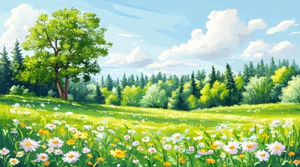 Obraz premium A calm digital illustration of a tree under the warm sunlight in a rich green meadow, enhanced by subtle atmospheric lighting