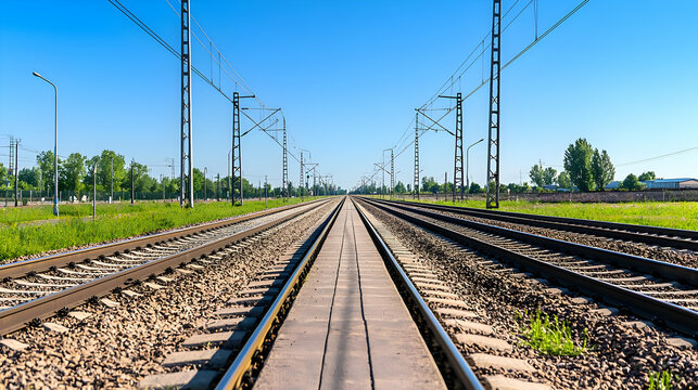 Parallel Railroad Tracks Stretching Towards Distant Horizon Under Bright Blue Sky