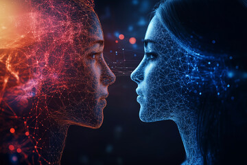 Custom vertical slats with your photo Two robotic heads facing each other, designed with an intricate network of interconnected lines, represent artificial intelligence in futuristic robots.