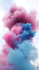 Fototapeta premium Colorful smoke clouds, pink and blue colors, white background 
