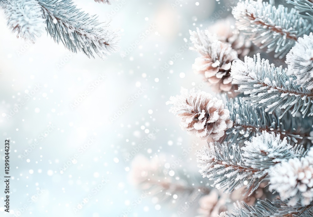 Poster snow-covered pine branches with frost and pine cones creating a winter wonderland atmosphere in soft