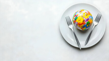 Colorful Puzzle Sphere On White Plate With Two Forks On A White Background Top View