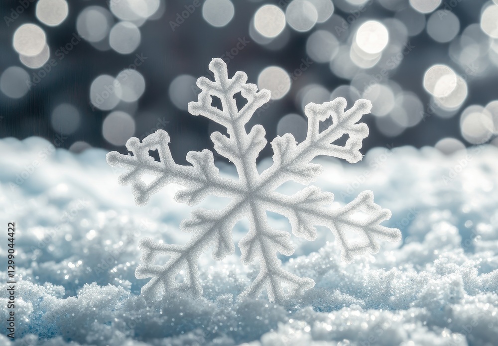 Poster snowflake on snowy surface surrounded by sparkling bokeh lights perfect for winter scenes and holida