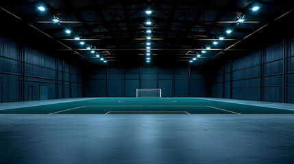 Fototapeta premium Large Dark Empty Hall Interior with Blue Lighting and Grid Pattern Floor