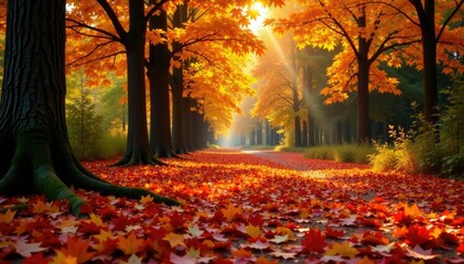 Fototapeta premium A forest floor blanketed in a thick layer of fallen maple leaves, fall, landscape