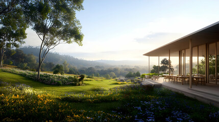 Obraz premium Lush Green Landscape With Building And Wild Flowers Under Sunny Sky