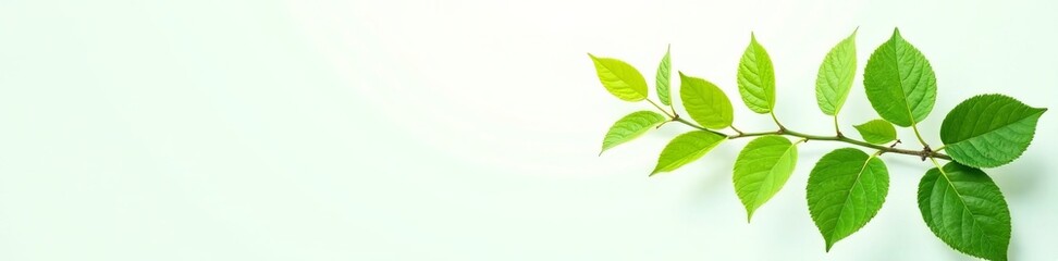 Obraz premium Vibrant green plant branch with foliage on white backdrop, fresh, wooden