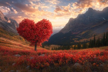 Heart-Shaped Red Tree in a Vibrant Meadow at Sunset with Colorful Flowers