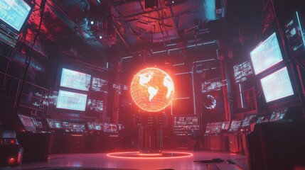 A futuristic control room with a glowing globe in the center and multiple screens displaying data and code.