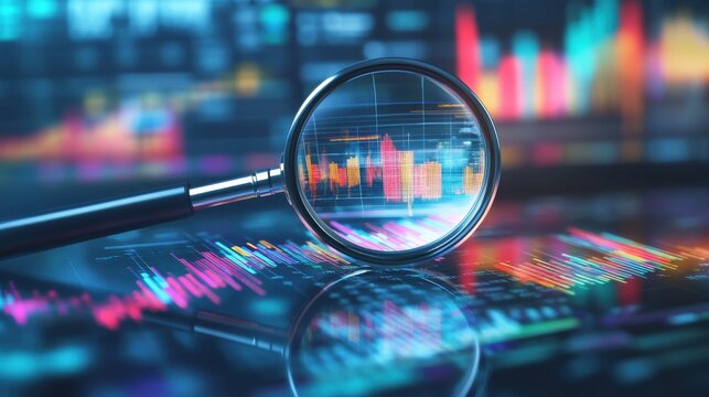 Illustration of a magnifying glass over graphs and charts representing data analysis and research. Perfect for business and analytical concepts.