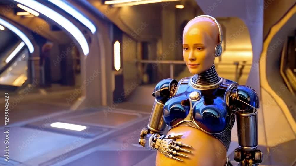 Leinwandbilder A futuristic robot designed for surrogate pregnancy stands in a high-tech environment. This bioengineered creation showcases advancements in synthetic life and prenatal care technologies.