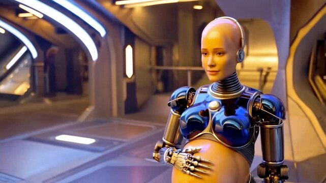 A futuristic robot designed for surrogate pregnancy stands in a high-tech environment. This bioengineered creation showcases advancements in synthetic life and prenatal care technologies.