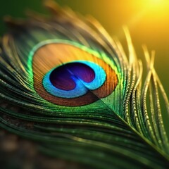 Naklejka premium Close-up, sunlit peacock feather, vibrant hues, beautiful, pattern, bird